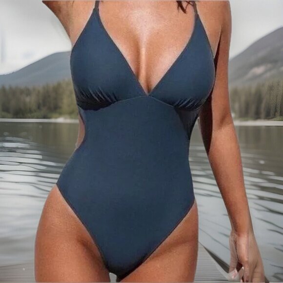 Cupshe Women One-Piece Swimsuit Medium Blue V-Neck Side Cutout Cross-Back Straps - Picture 1 of 10